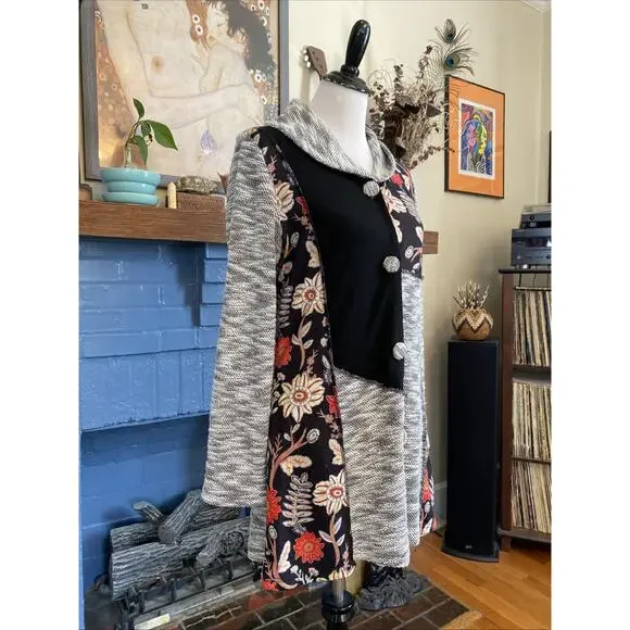 Anthropologie Luii S Button Front Mixed Media Jacket Cardigan Floral/ Knit Boho - Picture 2 of 14